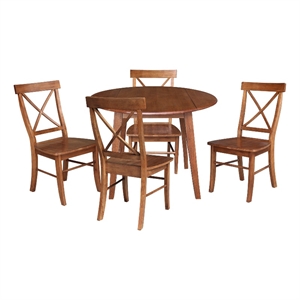 42&quot Round Solid Wood Dual Drop Leaf Table with 4 Chairs in Distressed Oak