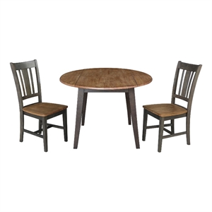 42&quot Round Solid Wood Dual Drop Leaf Table with 2 Chairs in Hickory/Washed Coal
