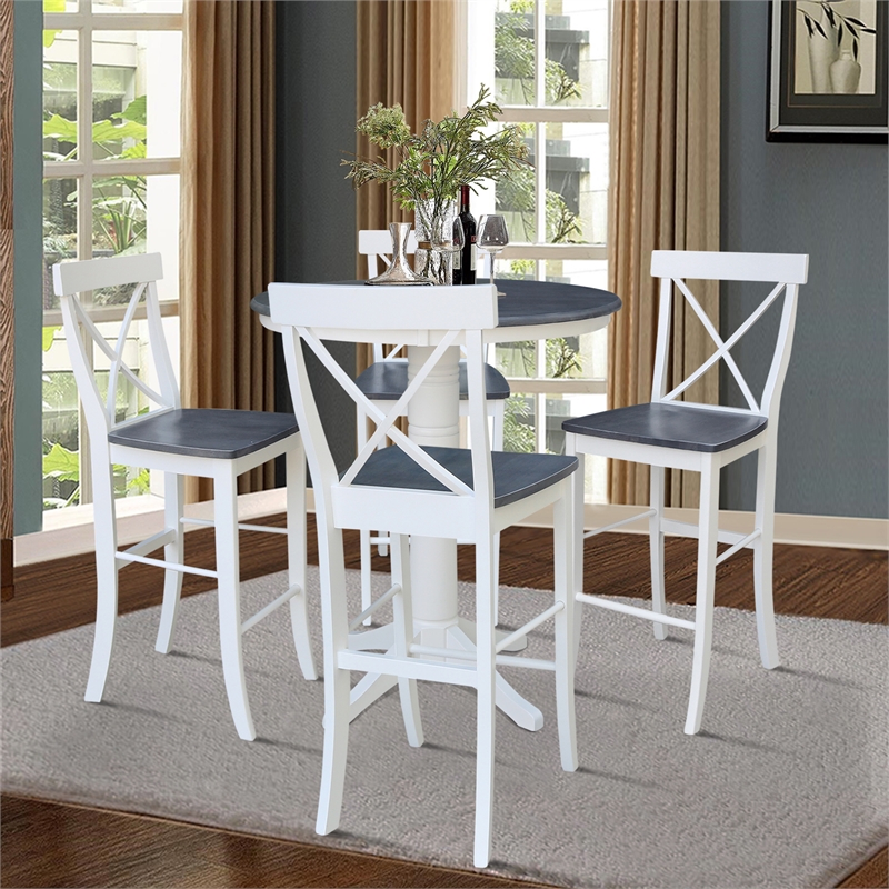36 in Wood Bar Height Dining Table with 4 X-back Stools in White/Heather Gray