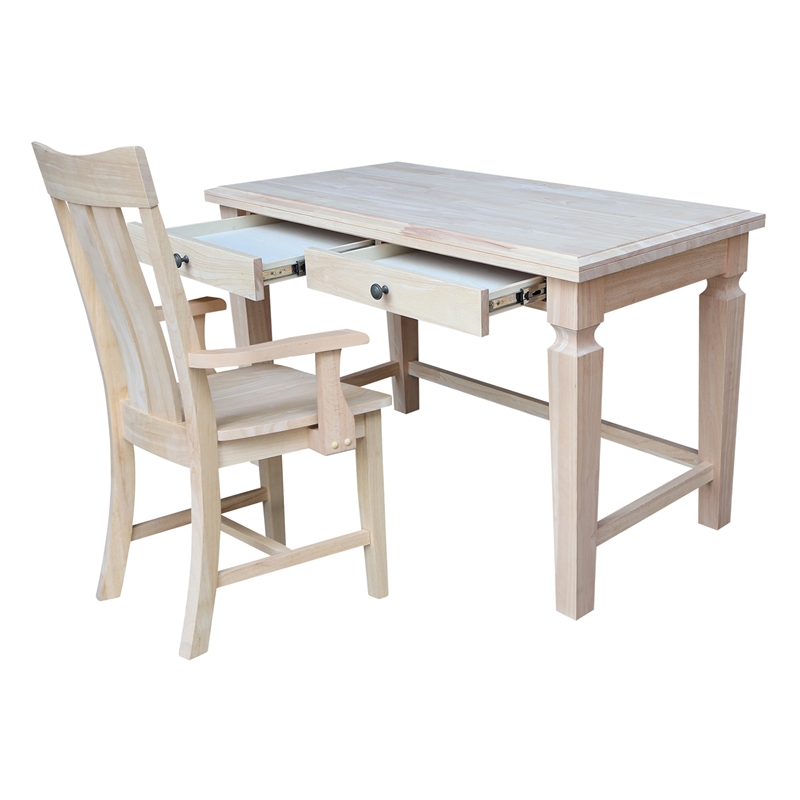 Vista Solid Wood Desk with 2 Drawers and Chair in Unfinished