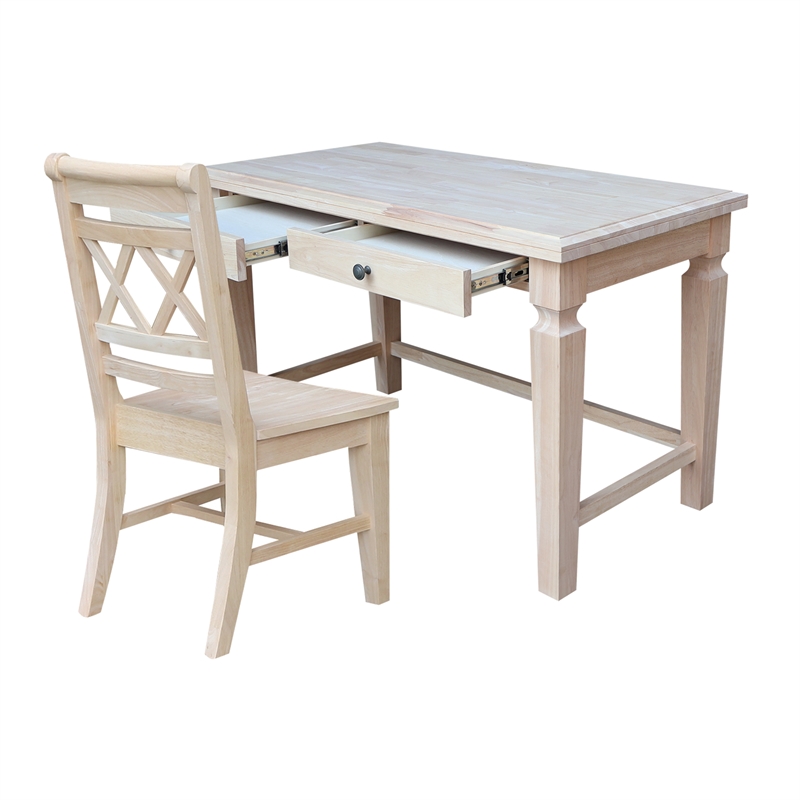 Vista Solid Wood Desk with 2 Drawers and Chair in Unfinished