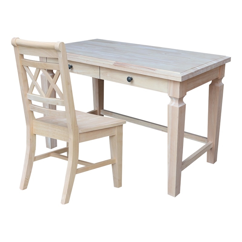 Vista Solid Wood Desk with 2 Drawers and Chair in Unfinished