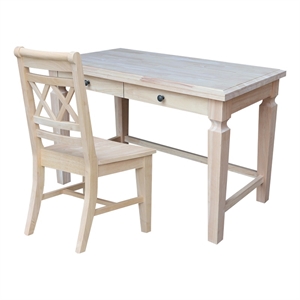 Vista Solid Wood Desk with 2 Drawers and Chair in Unfinished