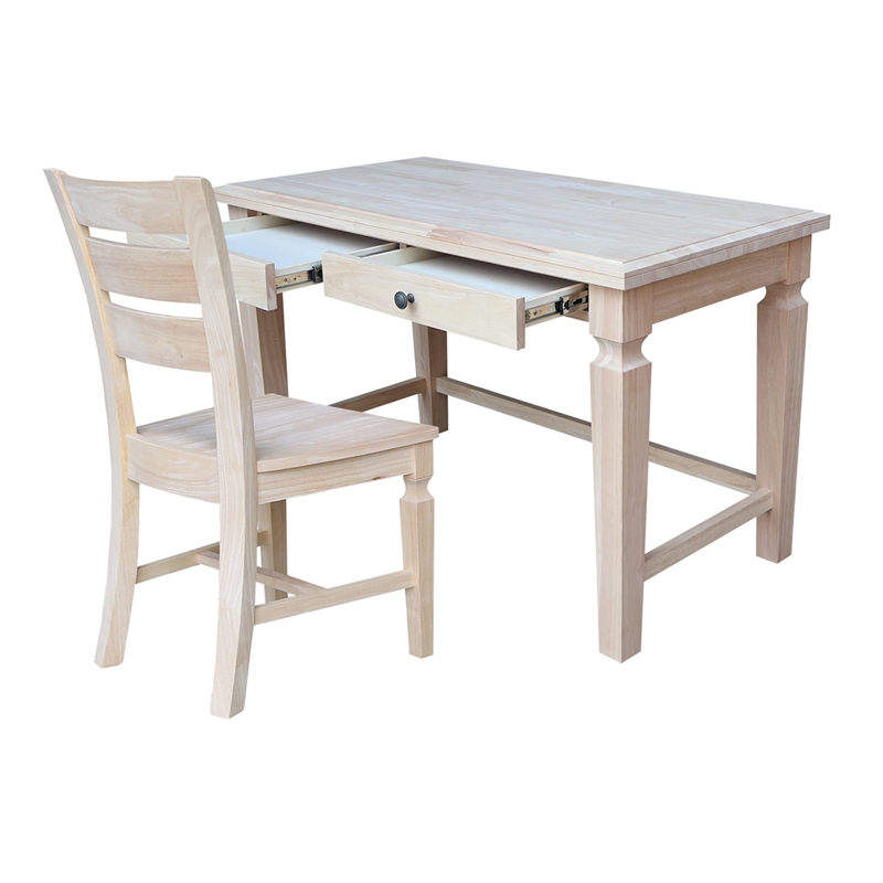 Vista Solid Wood Desk with 2 Drawers and Chair in Unfinished