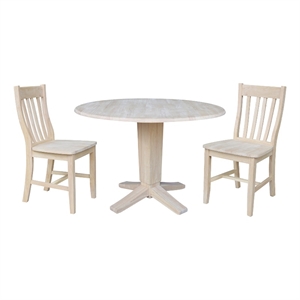 42&quot Round Solid Wood Drop Leaf Pedestal Dining Table with 2 Dining Chairs