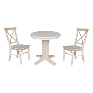 30&quot Solid Wood Round Top Pedestal Dining Table with 2 Dining Chairs - Unfinished