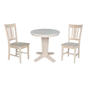 30&quot Solid Wood Round Top Pedestal Dining Table with 2 Dining Chairs - Unfinished