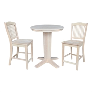 30&quot Solid Wood Round Top Counter Height Dining Table with 2 Stools in Unfinished