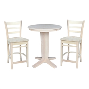 30&quot Solid Wood Round Top Counter Height Dining Table with 2 Stools in Unfinished
