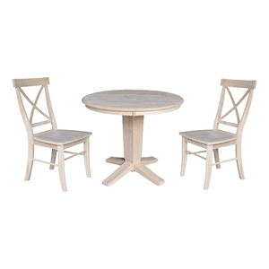 36&quot Solid Wood Round Top Pedestal Dining Table with 2 Dining Chairs - Unfinished