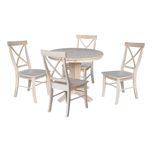 36&quot Solid Wood Round Top Pedestal Dining Table with 4 Dining Chairs - Unfinished