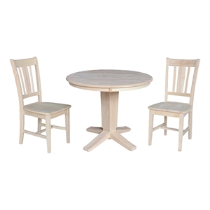 36&quot Solid Wood Round Top Pedestal Dining Table with 2 Dining Chairs - Unfinished