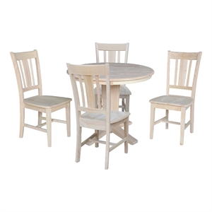 36&quot Solid Wood Round Top Pedestal Dining Table with 4 Dining Chairs - Unfinished