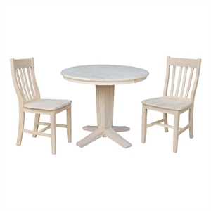 36&quot Solid Wood Round Extension Dining Table with 12&quot Leaf and 2 Dining Chairs