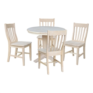 36&quot Solid Wood Round Extension Dining Table with 12&quot Leaf and 4 Dining Chairs