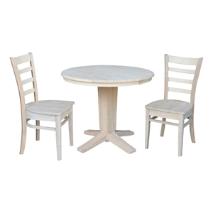 36&quot Solid Wood Round Extension Dining Table with 12&quot Leaf and 2 Dining Chairs