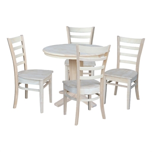 36&quot Solid Wood Round Extension Dining Table with 12&quot Leaf and 4 Dining Chairs