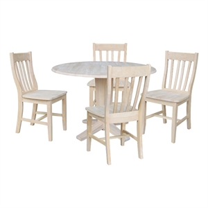 42&quot Round Solid Wood Drop Leaf Pedestal Dining Table with 4 Dining Chairs