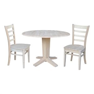 42&quot Round Solid Wood Drop Leaf Pedestal Dining Table with 2 Dining Chairs