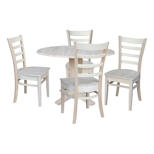 42&quot Round Solid Wood Drop Leaf Pedestal Dining Table with 4 Dining Chairs