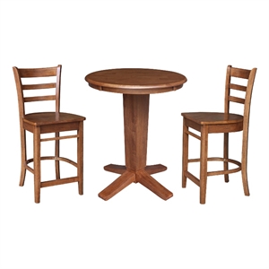 30&quot Solid Wood Round Top Pedestal Dining Table with 2 Counter Height Stools