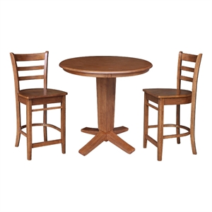 36&quot Solid Wood Round Top Pedestal Dining Table with 2 Counter Height Stools