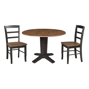 42&quot Round Solid Wood Drop Leaf Pedestal Dining Table with 2 Dining Chairs