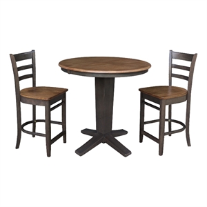 36&quot Solid Wood Round Extension Table with 2 Counter Height Stools