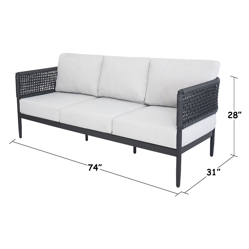 Outdoor Aluminum Woven Abaca Rope 3 Seater Patio Sofa with Cushions