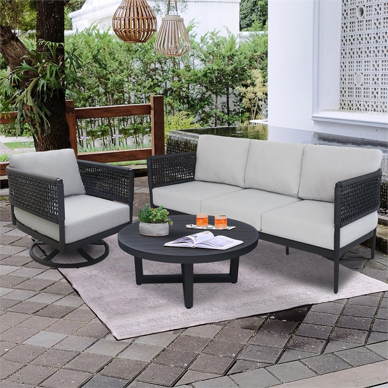 Outdoor Aluminum Patio Set With Sofa Coffee Table and Swivel Rocking Chair