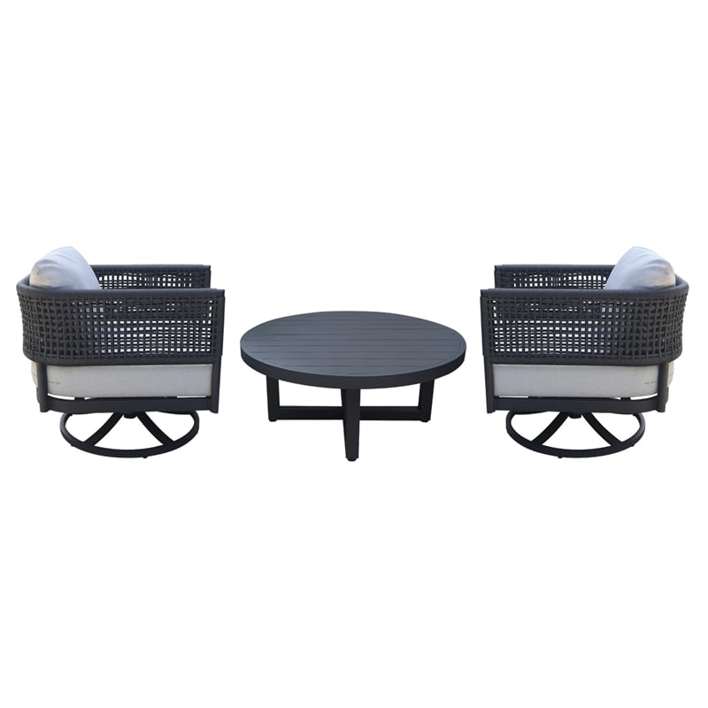 Outdoor Woven Abaca Rope Patio Set With Coffee Table and 2 Swivel Rocking Chairs