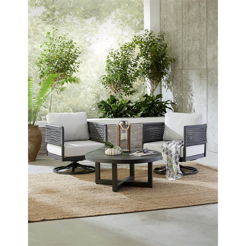 Outdoor Woven Abaca Rope Patio Set With Coffee Table and 2 Swivel Rocking Chairs