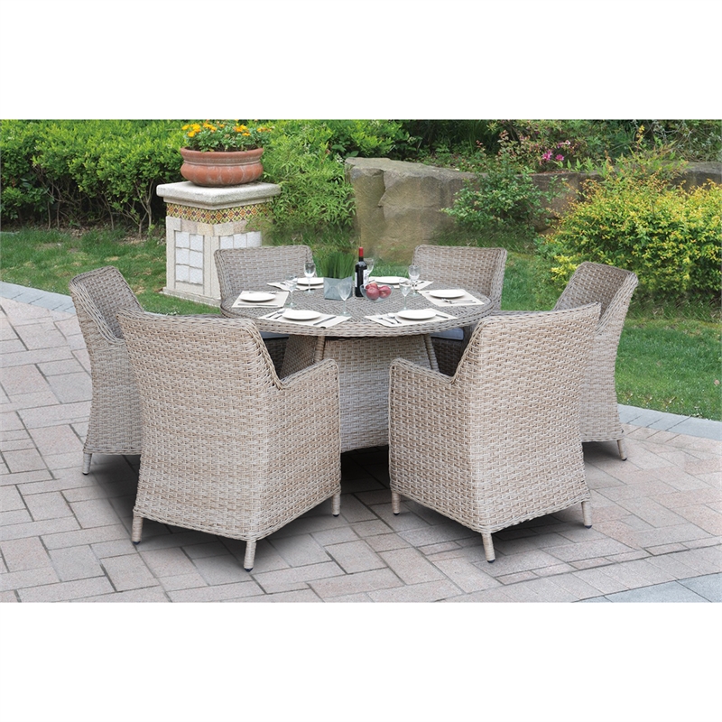 Outdoor Wicker Patio Furniture Set with Round Table and 6 Chairs - Natural
