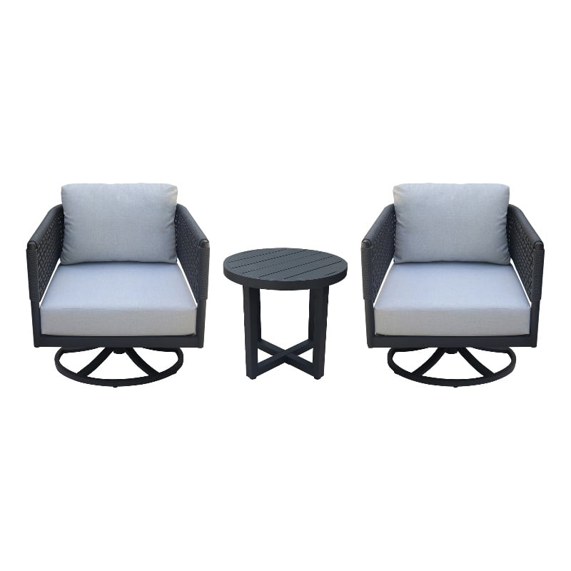 Outdoor Woven Abaca Rope Patio Set with End Table and 2 Swivel Rocking Chairs