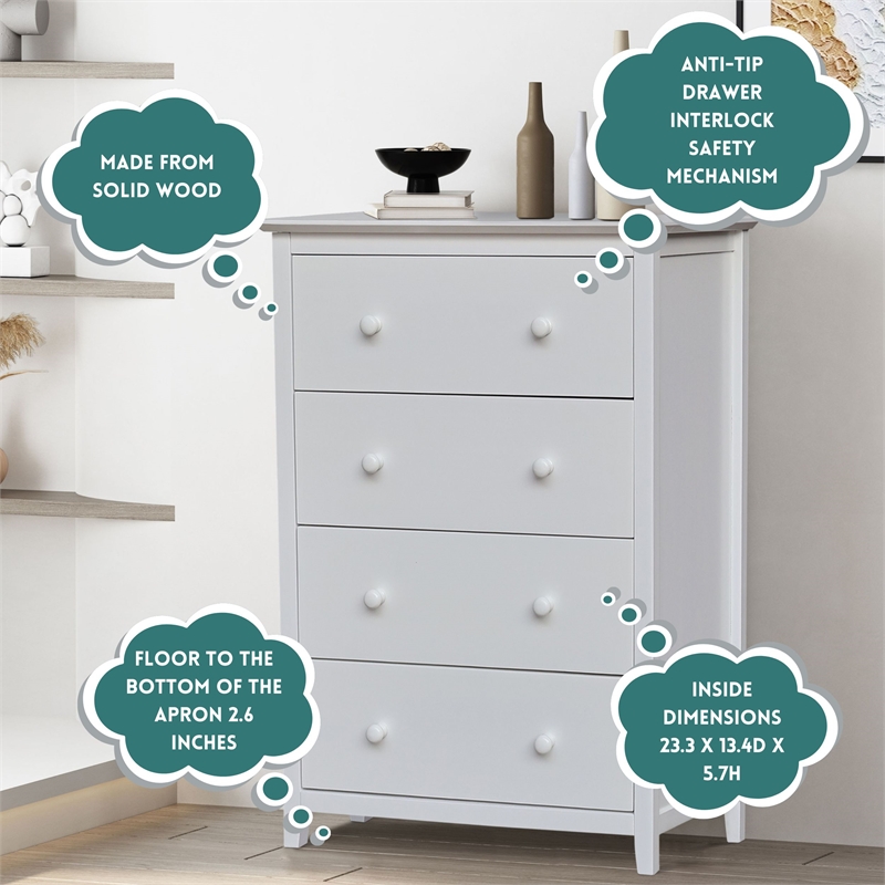 International Concepts Solid Wood Bedroom Dresser/Chest with 4 Drawers in White