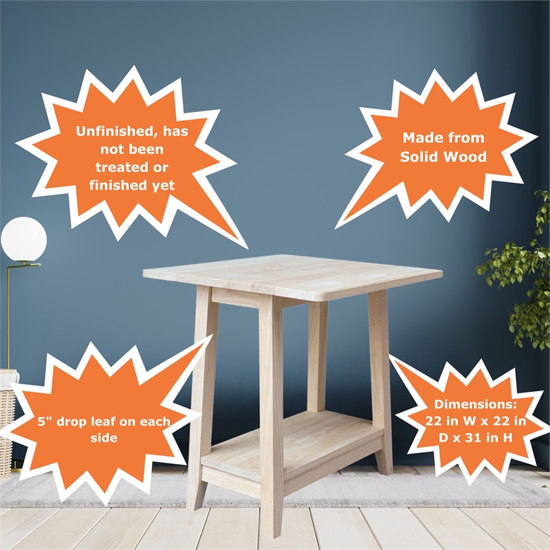 International Concepts Solid Wood Square Drop Leaf Side Table Unfinished