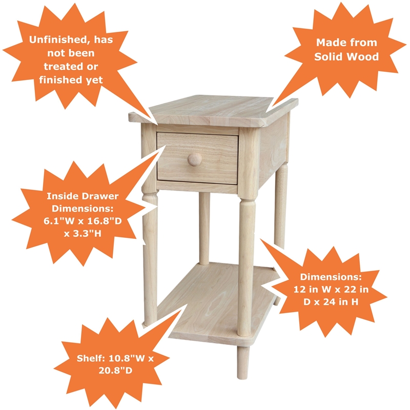 International Concepts Solid Wood Narrow Side Table Unfinished