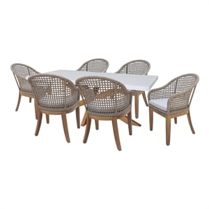 Outdoor 7 Piece Teak Patio Furniture Set in Natural and White