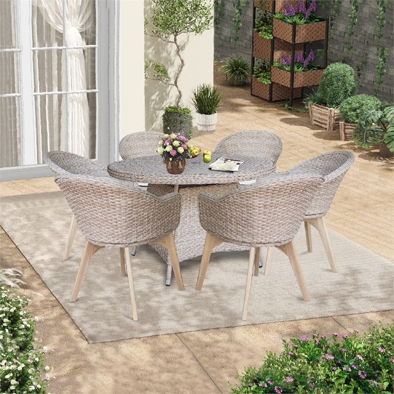 Outdoor 7 Piece Wicker Patio Furniture Set with a Round Table and 6 Chairs