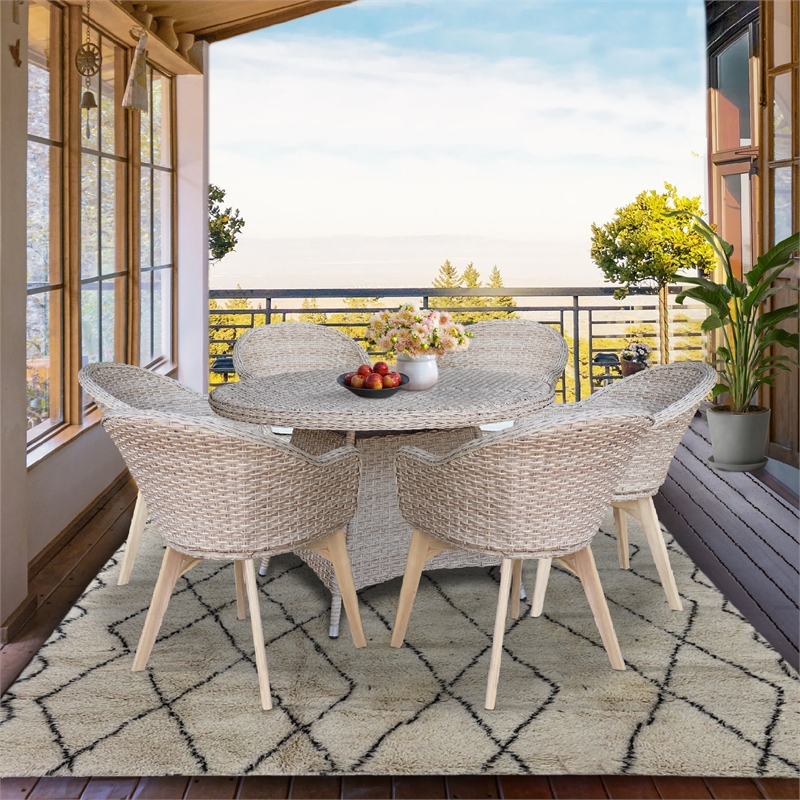 Outdoor 7 Piece Wicker Patio Furniture Set with a Round Table and 6 Chairs