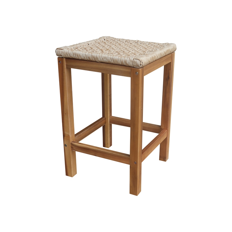 Outdoor Set of Two Stools with Wicker Seats With Oil Finish