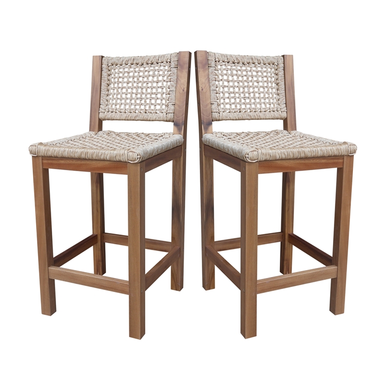 Outdoor Set of Two Stool with Wicker Seats and Back With Oil Finish