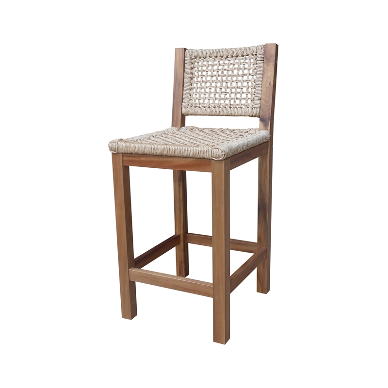Outdoor Set of Two Stool with Wicker Seats and Back With Oil Finish