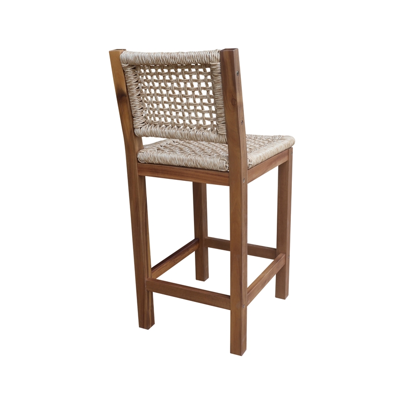 Outdoor Set of Two Stool with Wicker Seats and Back With Oil Finish