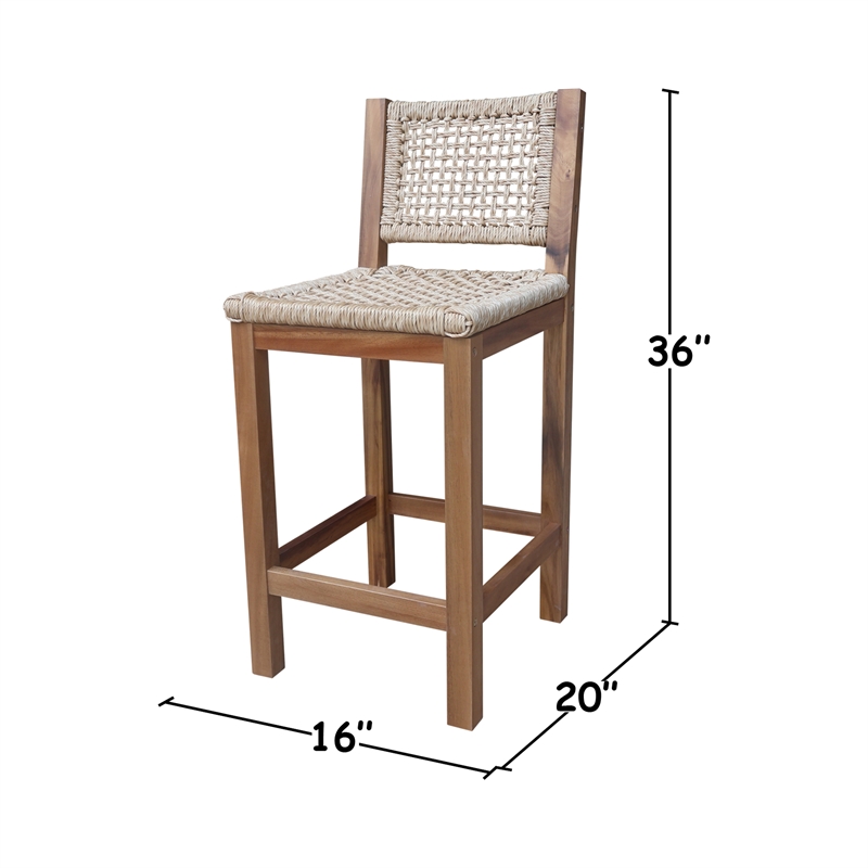 Outdoor Set of Two Stool with Wicker Seats and Back With Oil Finish