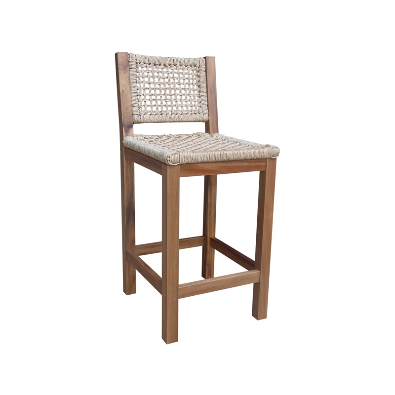 Outdoor Set of Two Stool with Wicker Seats and Back With Oil Finish