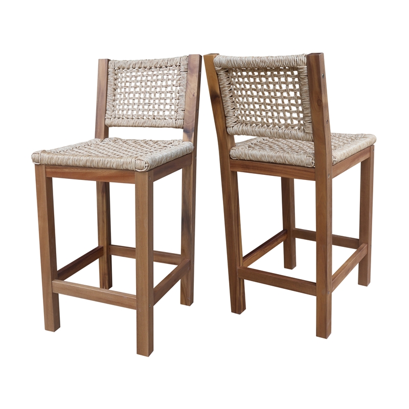Outdoor Set of Two Stool with Wicker Seats and Back With Oil Finish