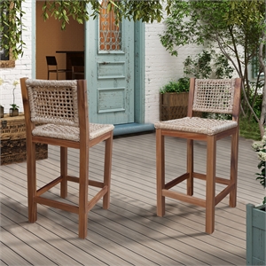 Outdoor Set of Two Stool with Wicker Seats and Back With Oil Finish