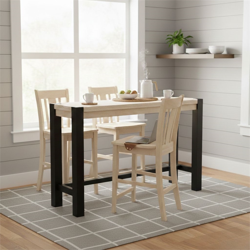 Solid Wood Tall Accent Table with Black Iron Legs and Four Stools