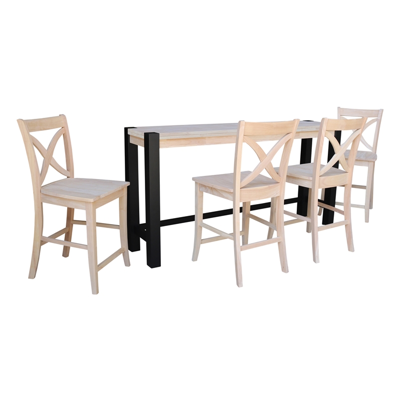 Solid Wood Tall Accent Table with Black Iron Legs and Four Stools